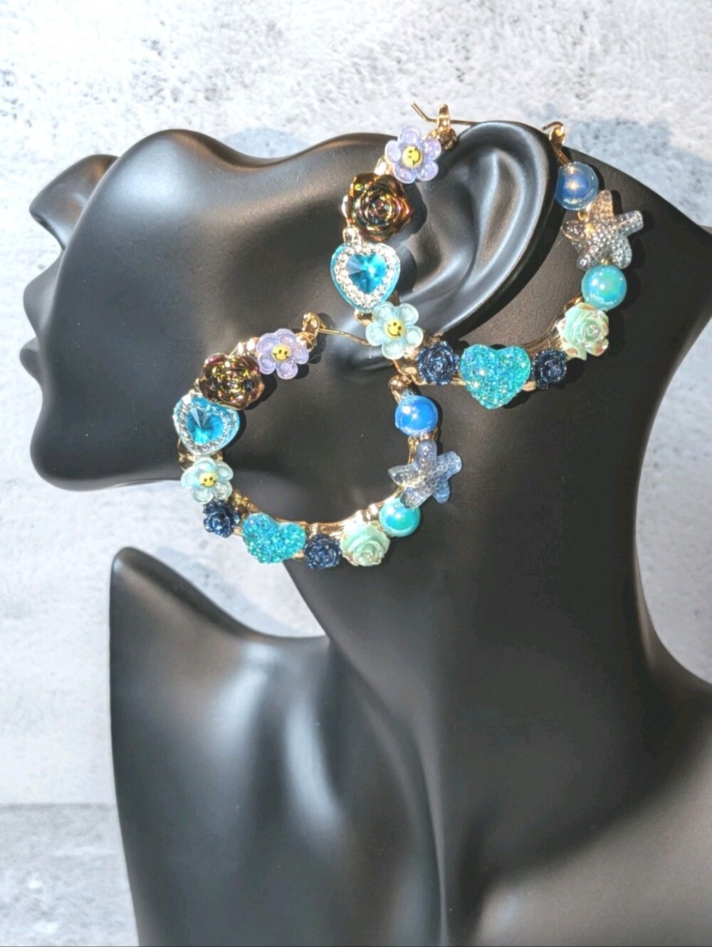 Hand Crafted Shimmering Blue Floral Heart & Star Hoop Earrings - Women's Jewelry